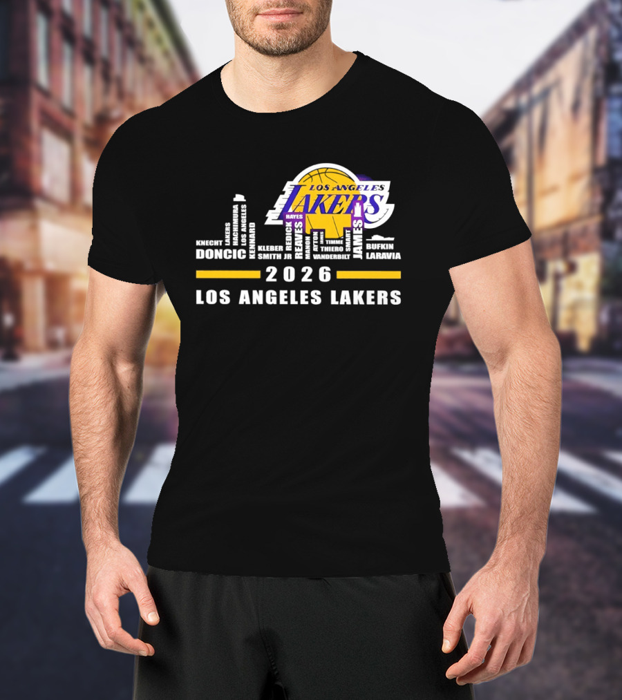 NBA Los Angeles Lakers 2026 Skyline Hayes And Doncic T-Shirt