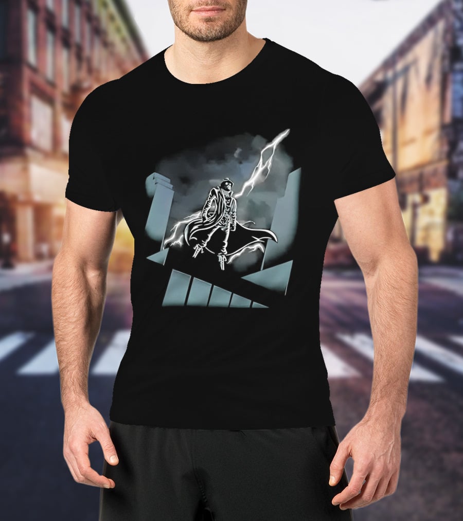 Spider Man Noir X Batman The Animated Series Noir Crossover With Light Burst And Gotham City Skyline T-Shirt