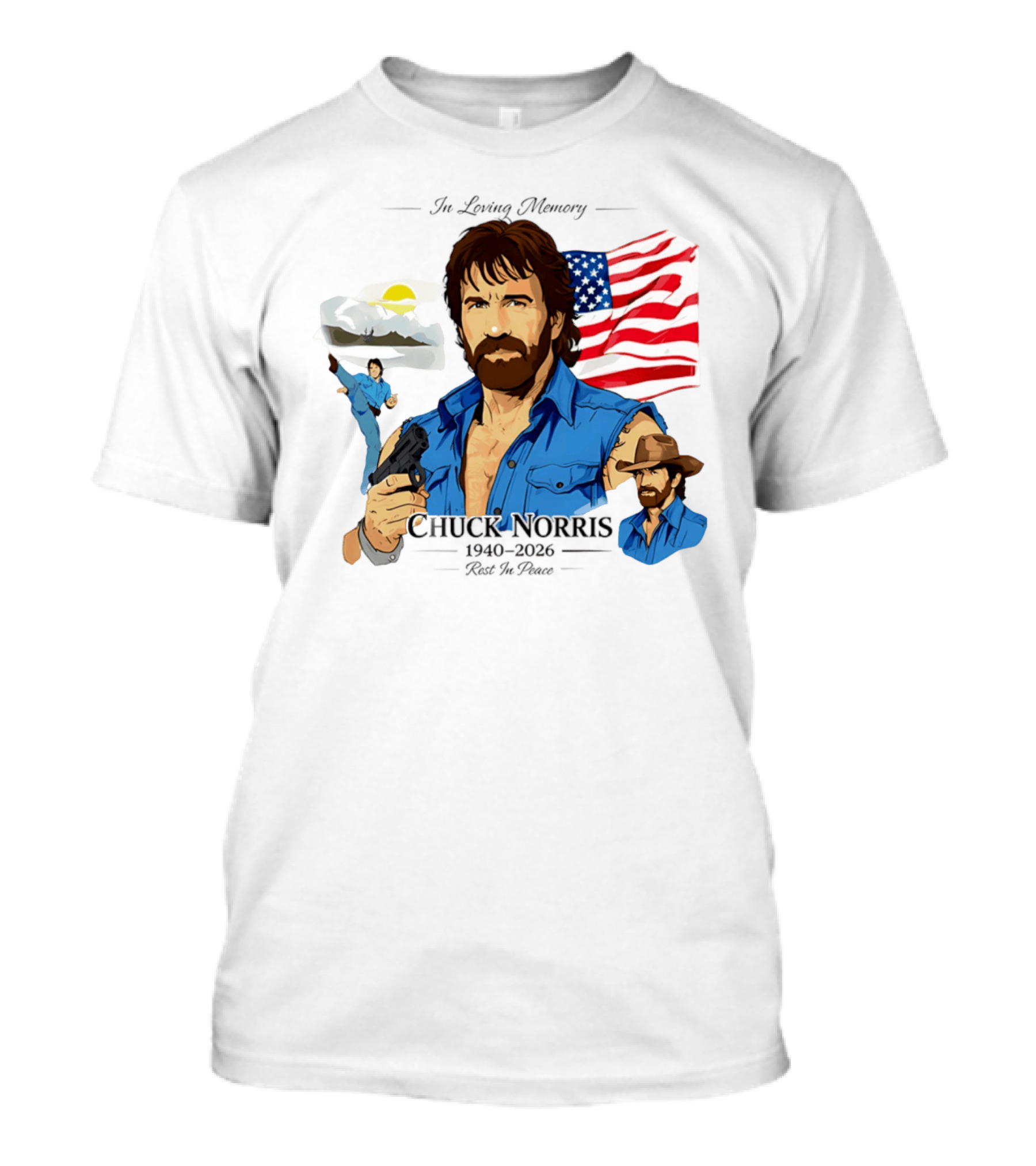 Chuck Norris Legends Never Die 1940 2026 American Flag T-Shirt