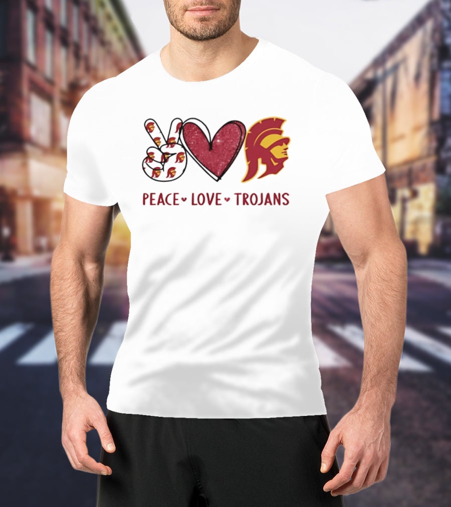 USC Trojans Peace Love Hand Sign Heart Shape T-Shirt