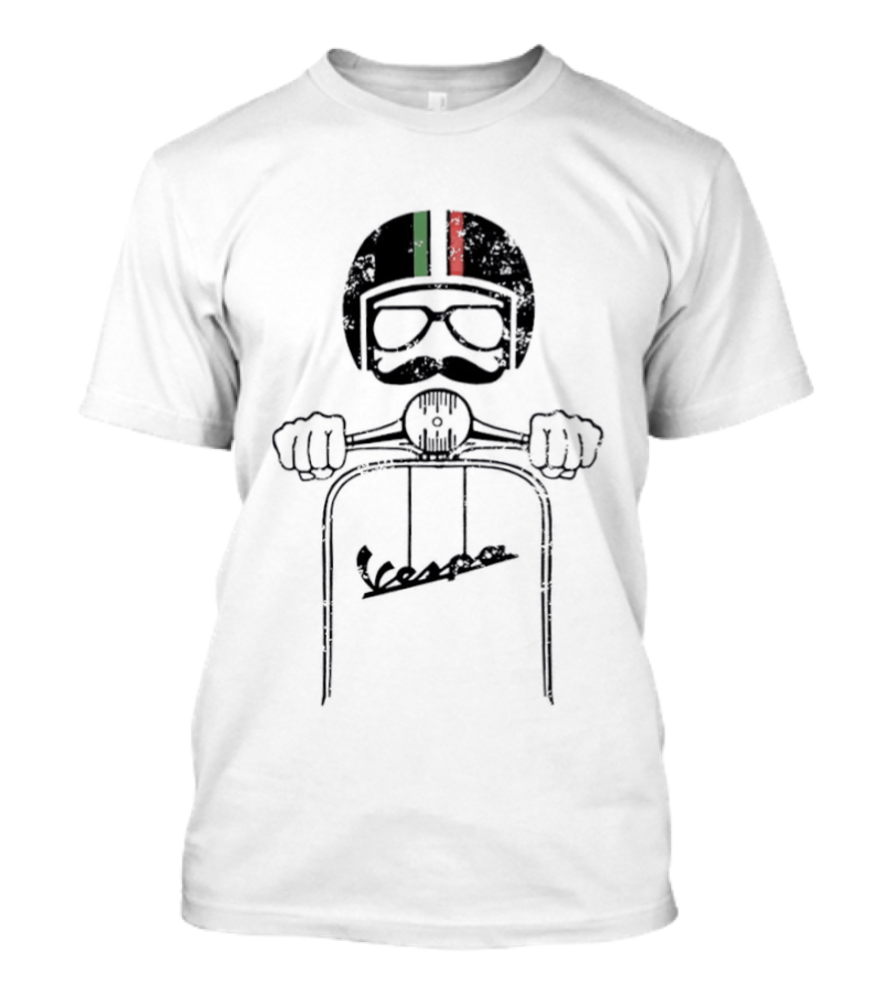 Vespa Piaggio Hipster Distressed Helmet With Italian Flag And Mustache T-Shirt
