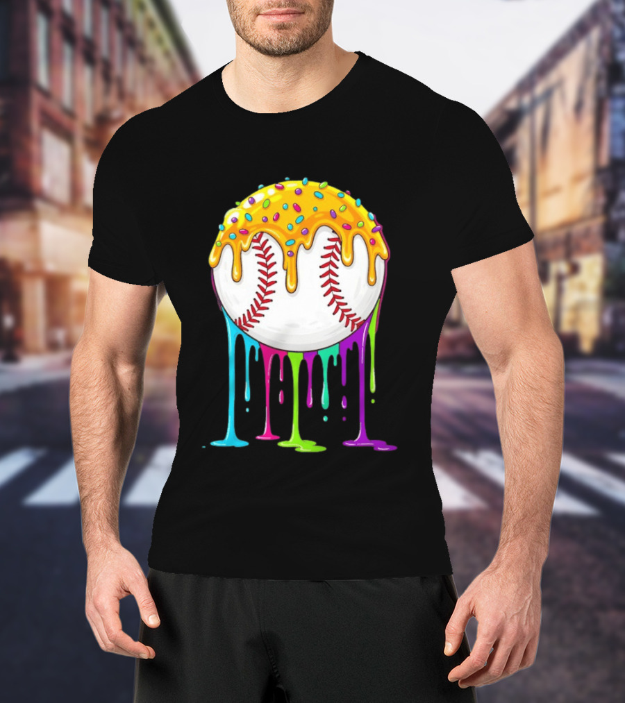 Baseball Dripping Icing Candy Sprinkles Rainbow T-Shirt