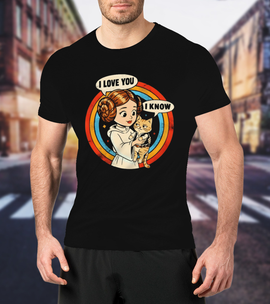 Princess Leia Style Girl Holding Cat I Love You I Know Retro 70s Cartoon T-Shirt