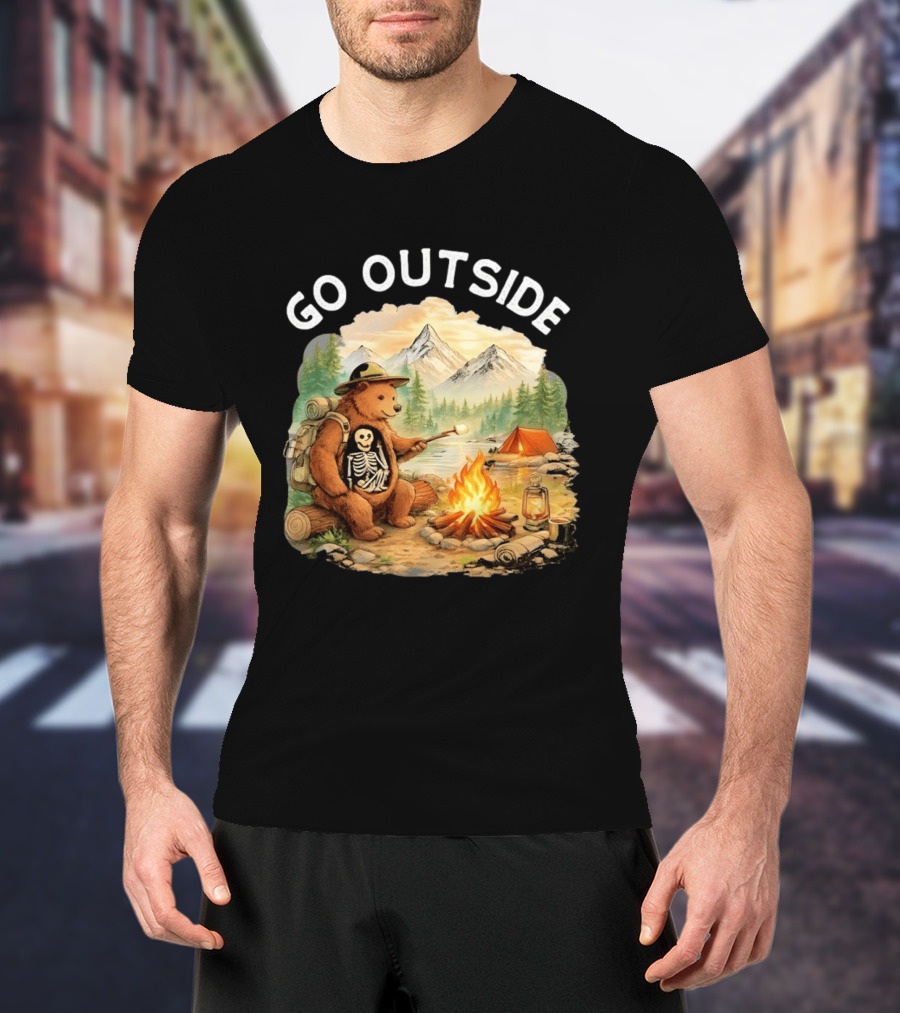 Hiking Bear Campfire Skeleton Inside Bear's Stomach Go Outside T-Shirt