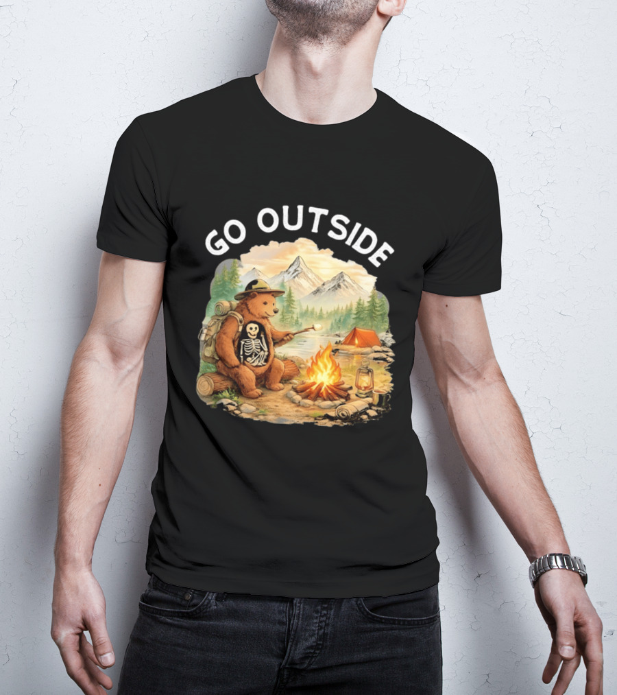 Hiking Bear Campfire Skeleton Inside Bear's Stomach Go Outside T-Shirt