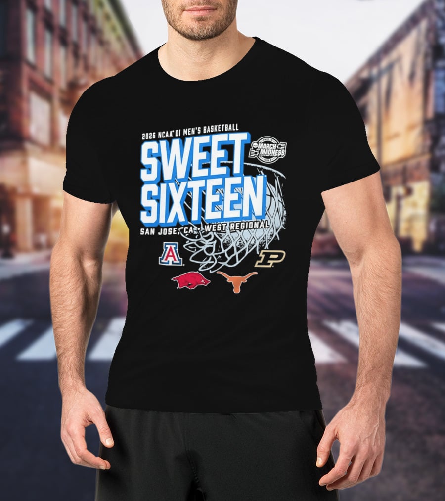 2026 NCAA DI Men's Basketball Sweet Sixteen San Jose West Regional Arizona Arkansas Texas Purdue Logos T-Shirt