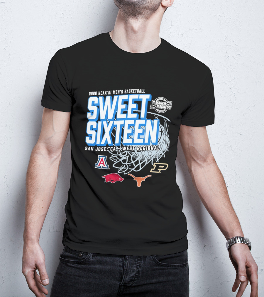 2026 NCAA DI Men's Basketball Sweet Sixteen San Jose West Regional Arizona Arkansas Texas Purdue Logos T-Shirt