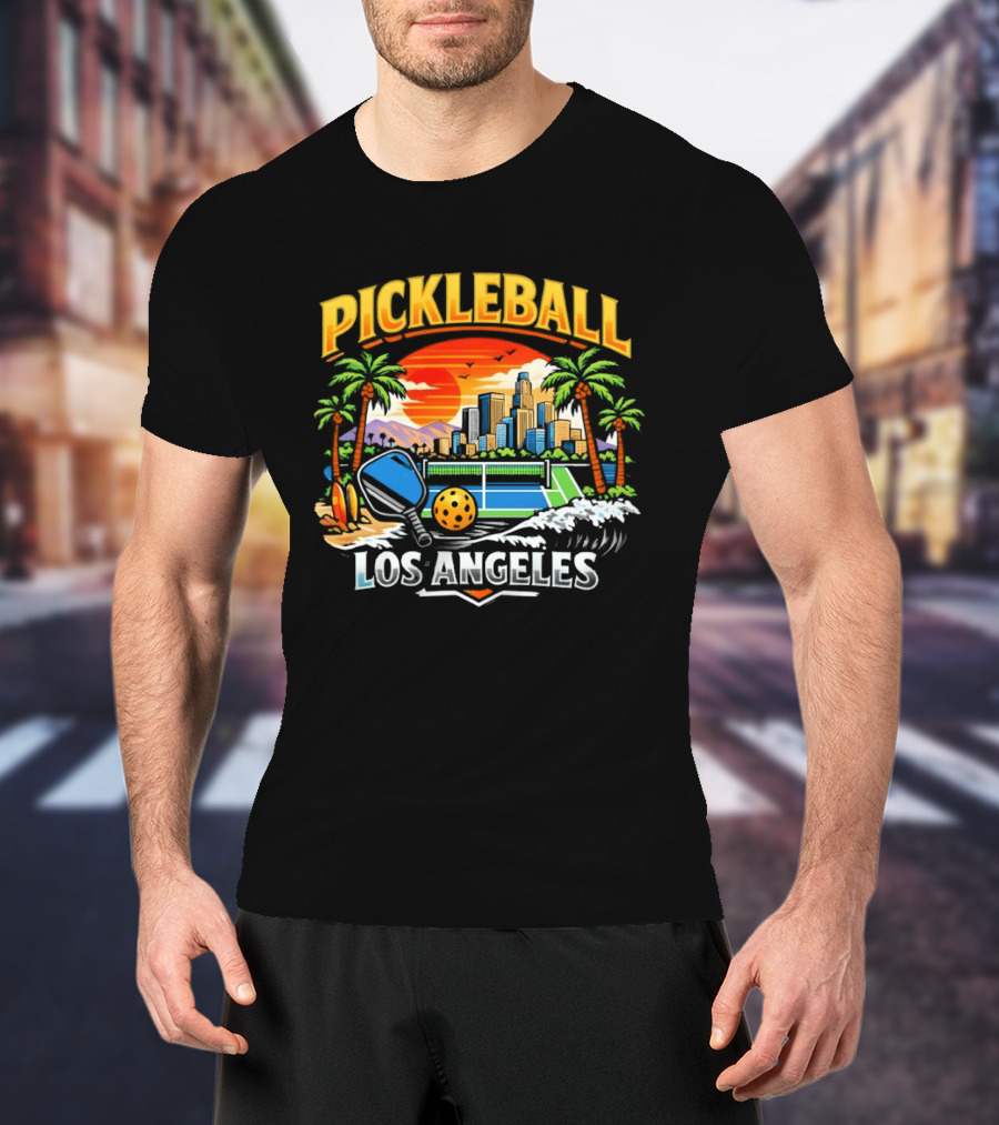 Los Angeles Pickleball City Skyline Sunset Palm Trees T-Shirt