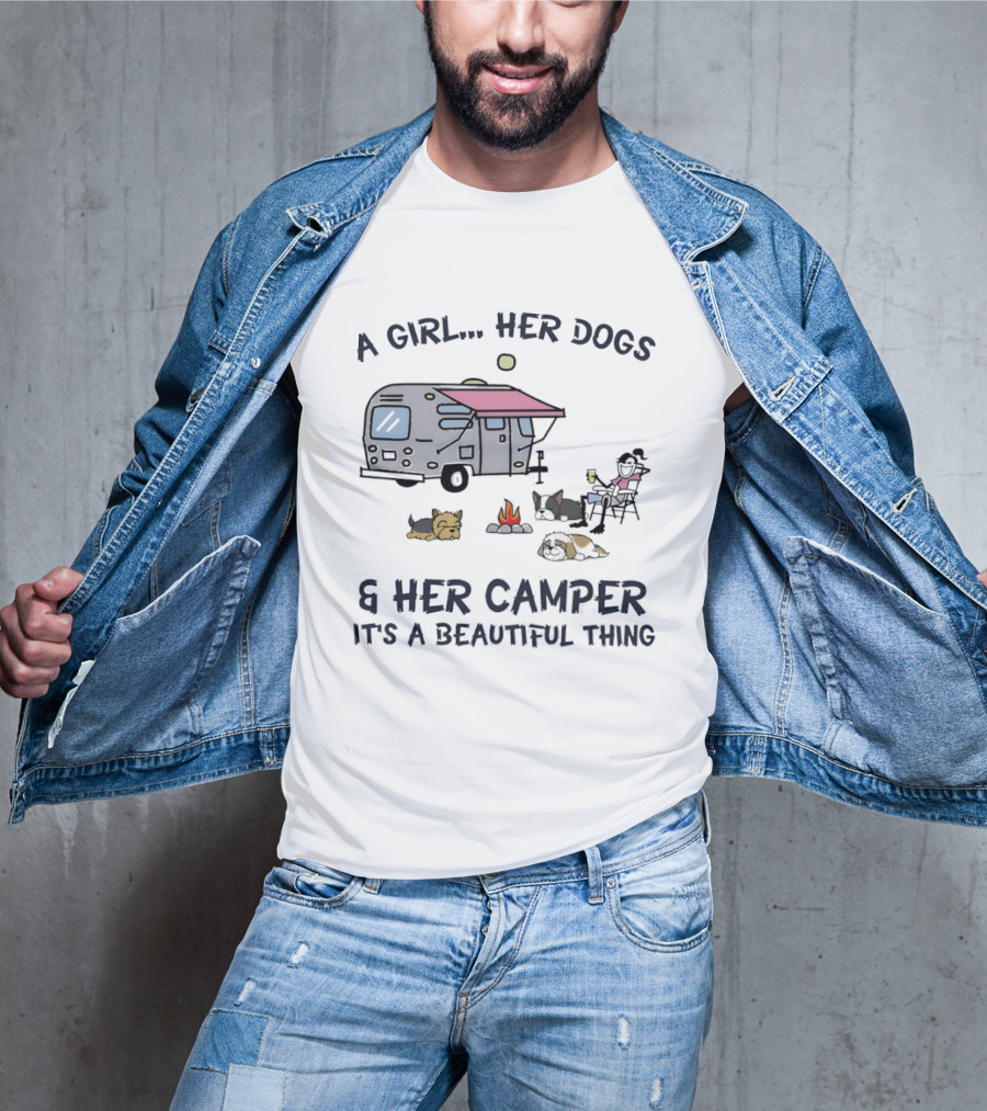 A Girl Her Dogs And Her Camper It's A Beautiful Thing Camping Adventure T-Shirt