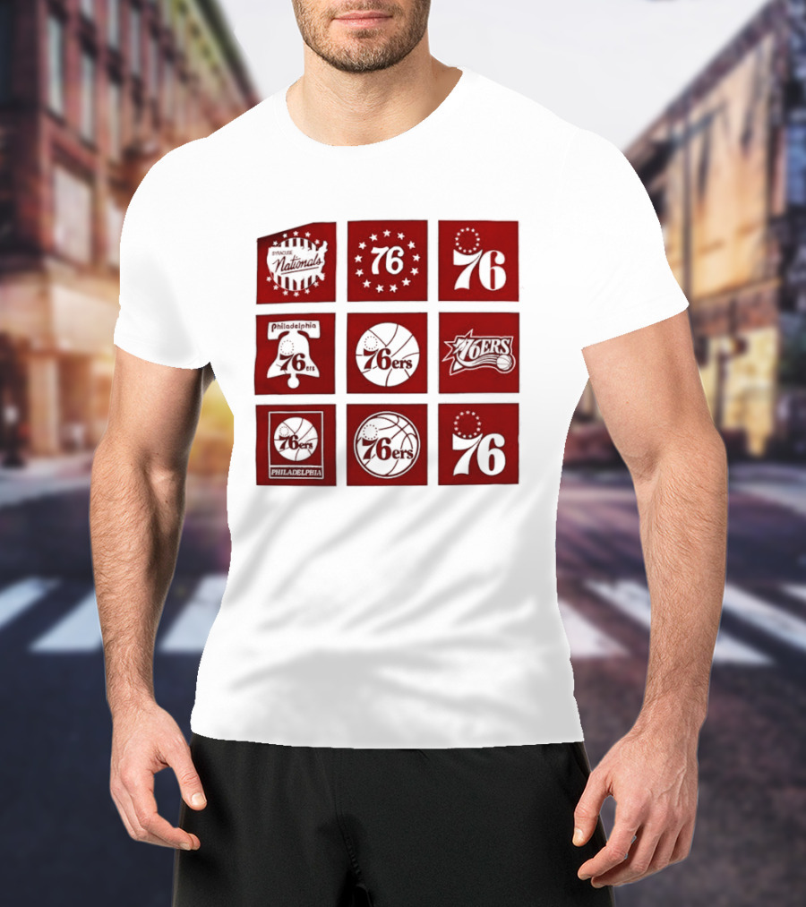 Philadelphia 76ers NBA Team Retro Icons And Number 76 Basketball Squares T-Shirt