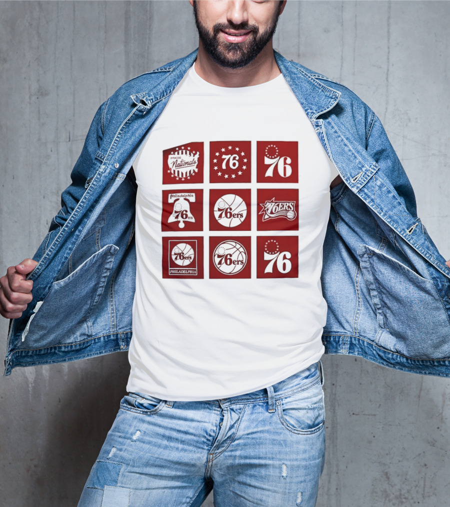 Philadelphia 76ers NBA Team Retro Icons And Number 76 Basketball Squares T-Shirt