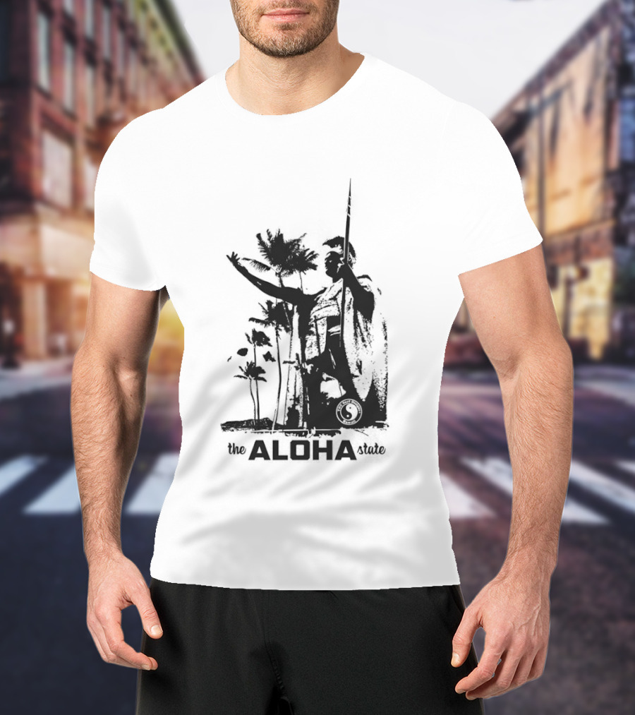 The Aloha State Ka Black White Hawaiian King Statue Palms T-Shirt