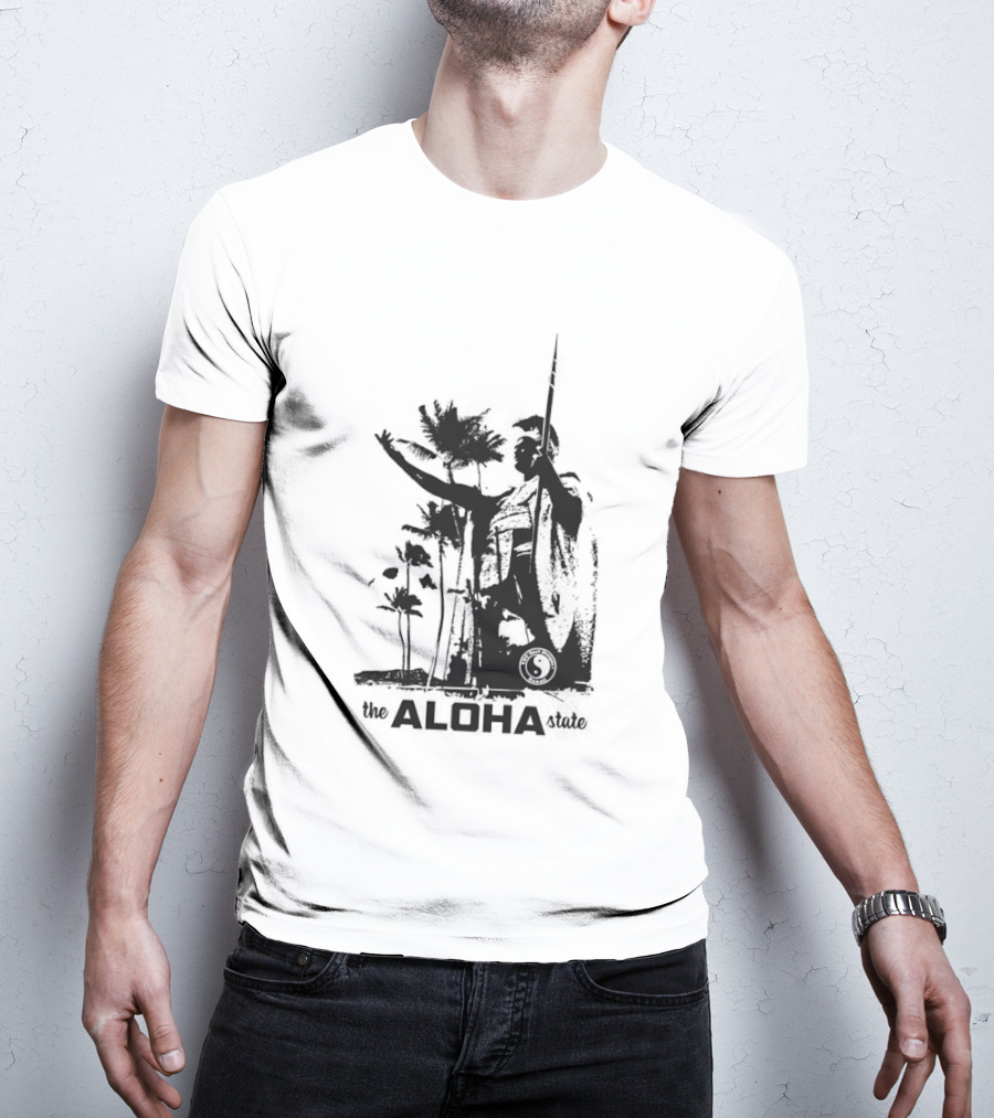 The Aloha State Ka Black White Hawaiian King Statue Palms T-Shirt