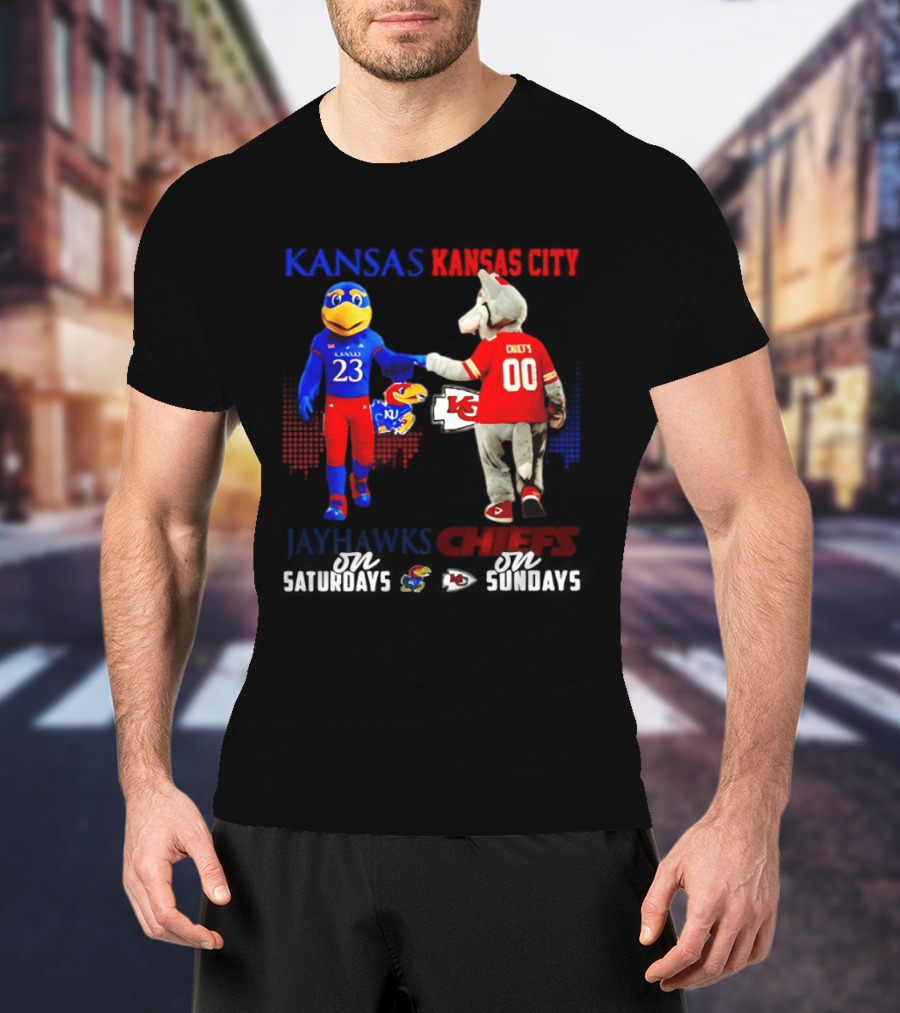Kansas Jayhawks And Kansas City Chiefs Mascots Fist Bump 23 Vs 00 T-Shirt