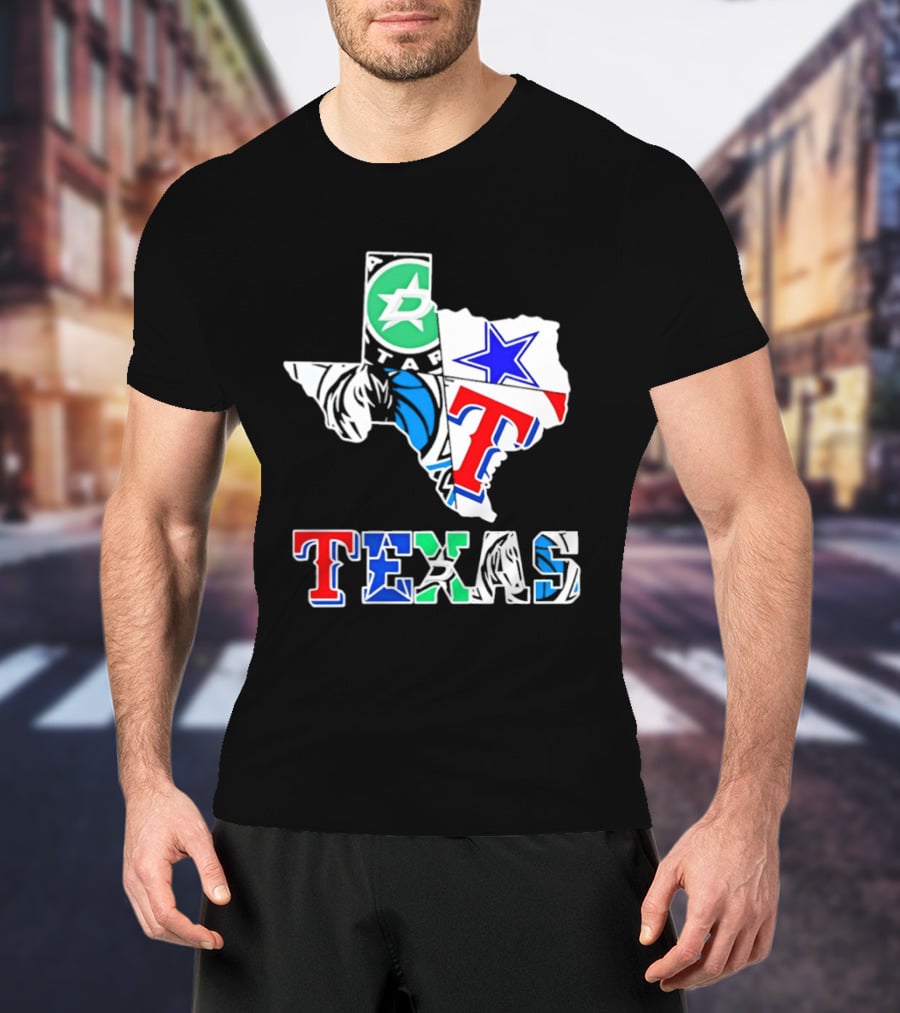 Texas Dallas Stars Mavericks Cowboys Rangers Sports Map T-Shirt