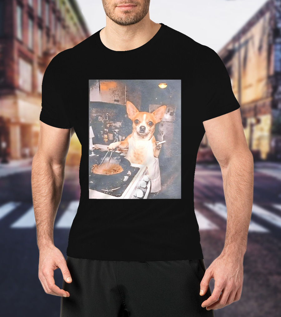 Chihuahua In Apron Cooking While Smoking In Vintage Kitchen Scene T-Shirt