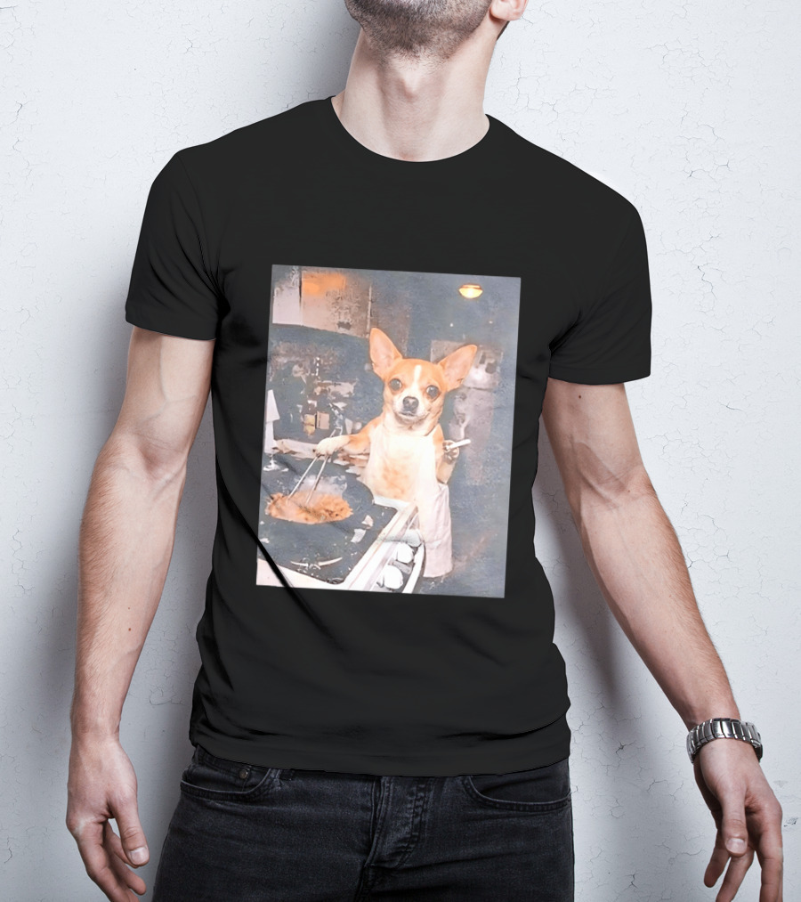 Chihuahua In Apron Cooking While Smoking In Vintage Kitchen Scene T-Shirt