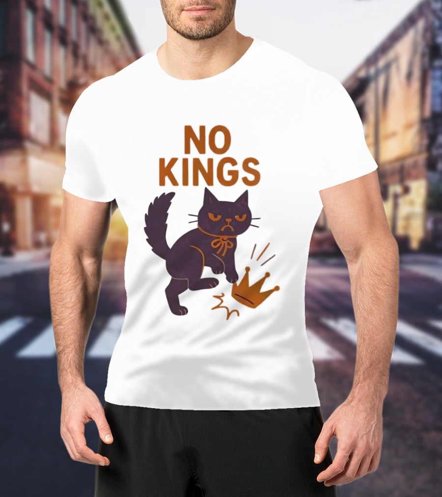 No Kings Black Cat Kicking Crown T-Shirt