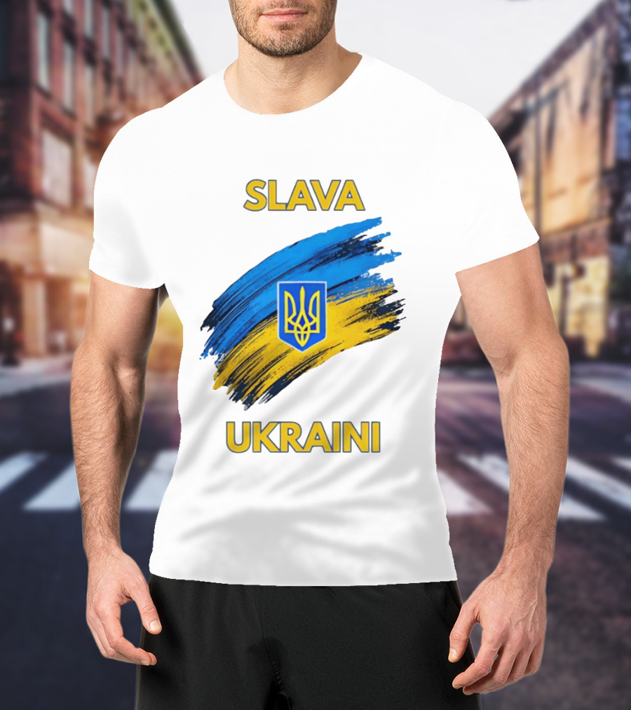 Slava Ukraini Emblem With Blue And Yellow Brush Strokes T-Shirt