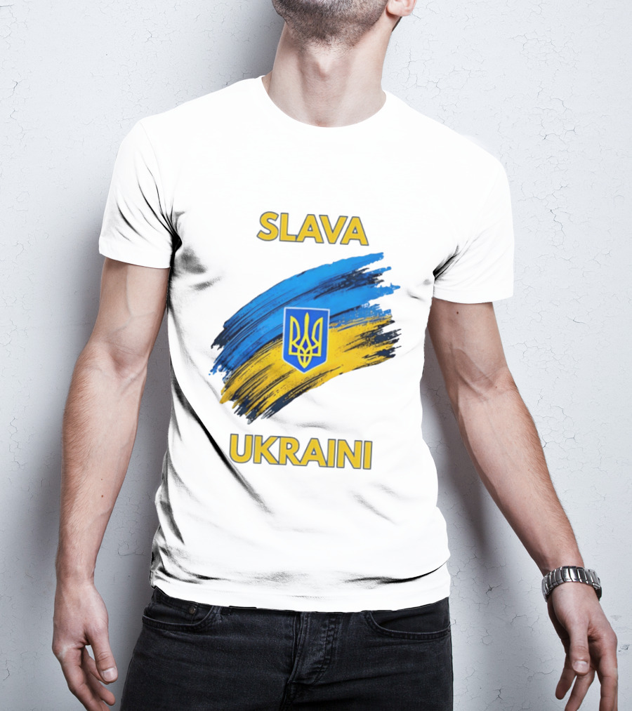 Slava Ukraini Emblem With Blue And Yellow Brush Strokes T-Shirt
