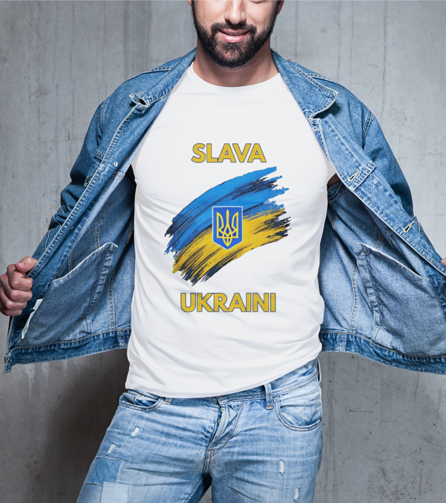 Slava Ukraini Emblem With Blue And Yellow Brush Strokes T-Shirt