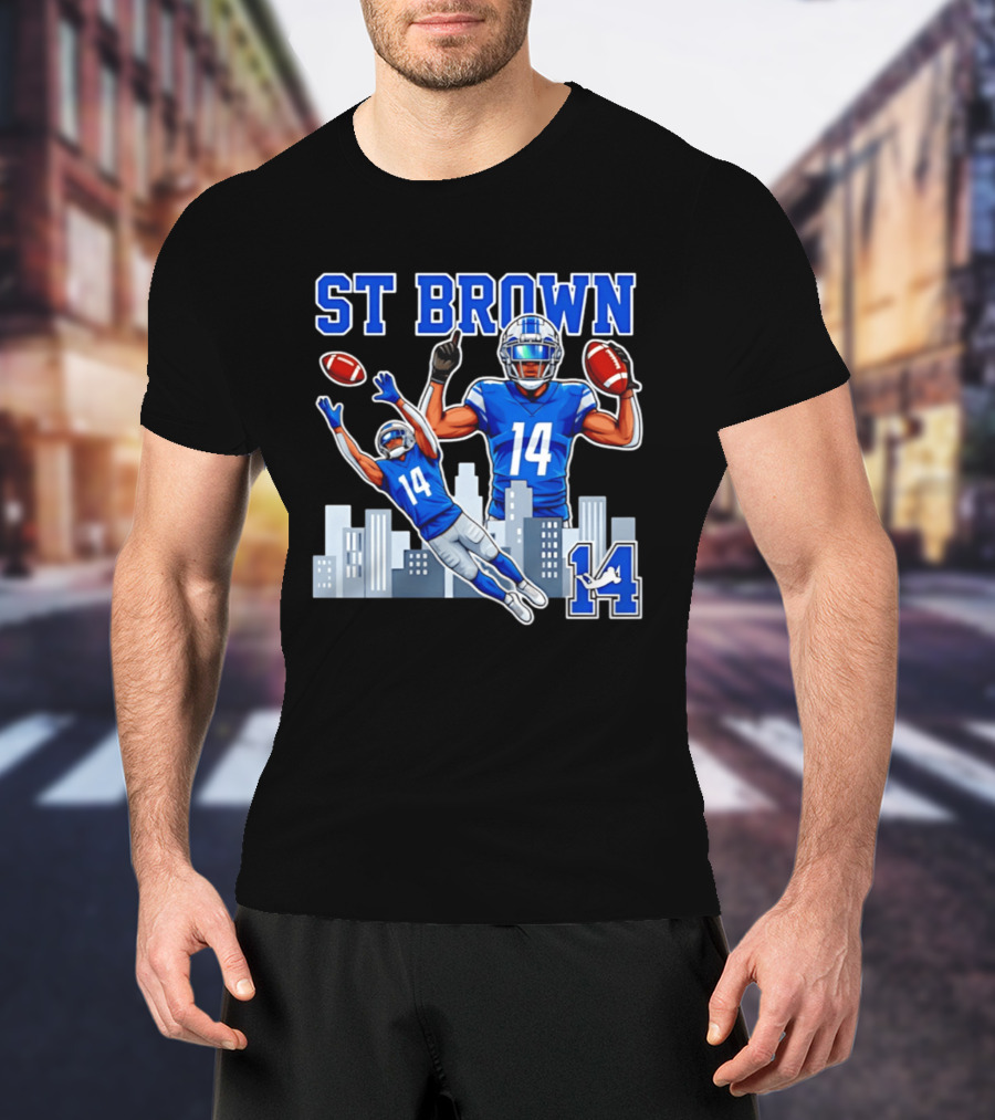 ST Brown 14 Detroit Lions Football City Skyline T-Shirt