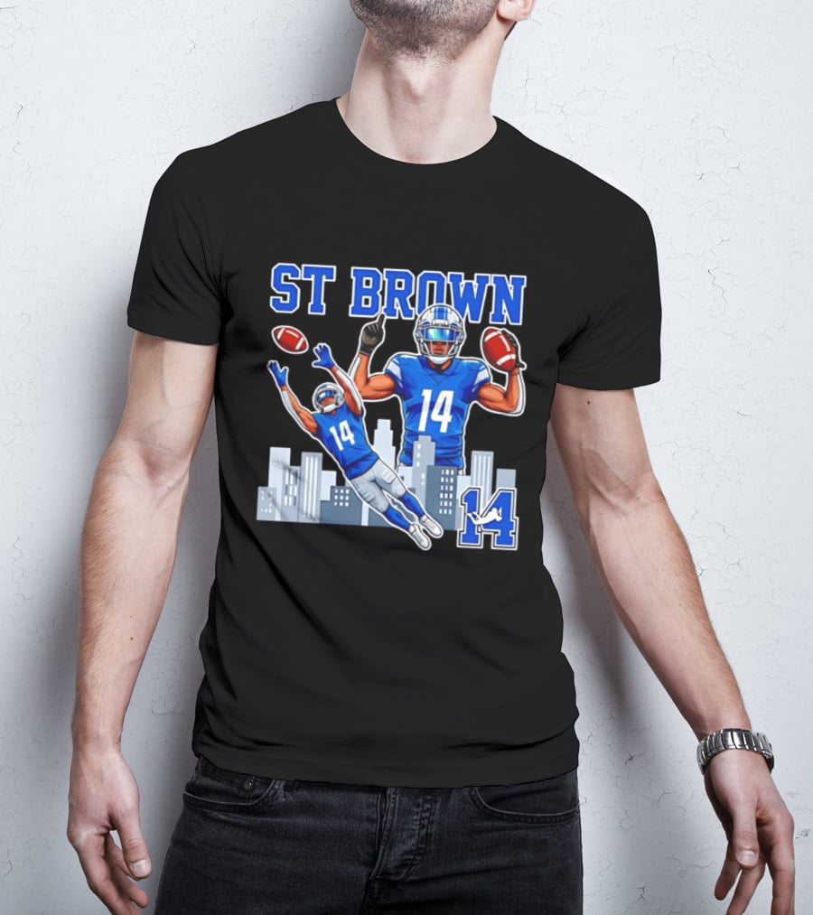 ST Brown 14 Detroit Lions Football City Skyline T-Shirt