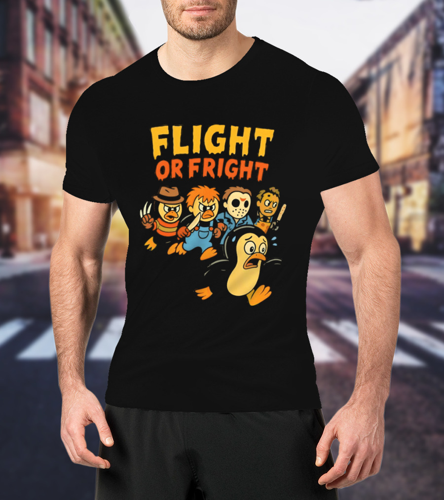 Flight Or Fright Penguin Horror Characters Comedy Mashup T-Shirt