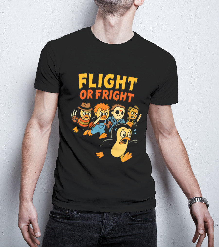 Flight Or Fright Penguin Horror Characters Comedy Mashup T-Shirt