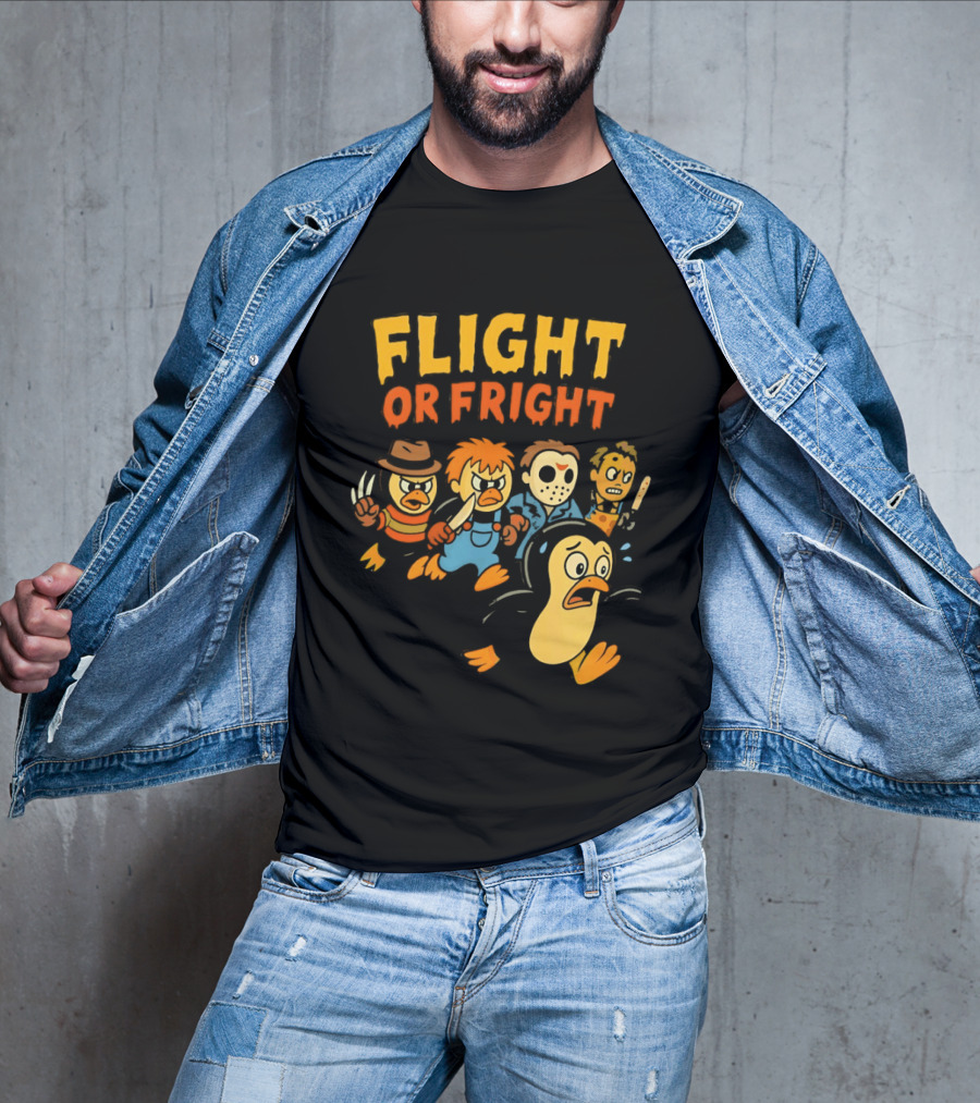 Flight Or Fright Penguin Horror Characters Comedy Mashup T-Shirt