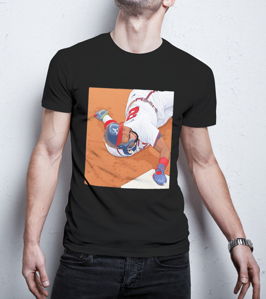 Ronald Acuna Jr Atlanta Braves Outfielder Sliding Baseball Action T-Shirt