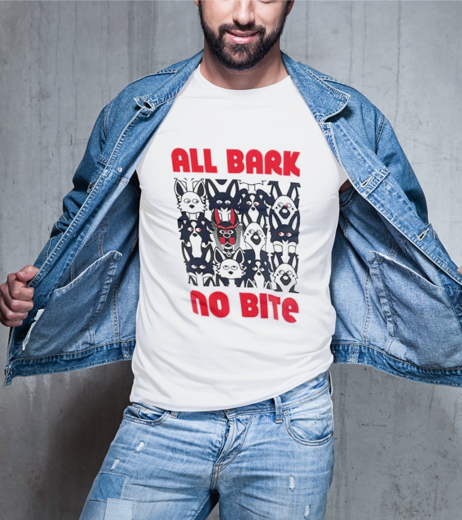 All Bark No Bite Bold Red Text Dark Canine Faces T-Shirt
