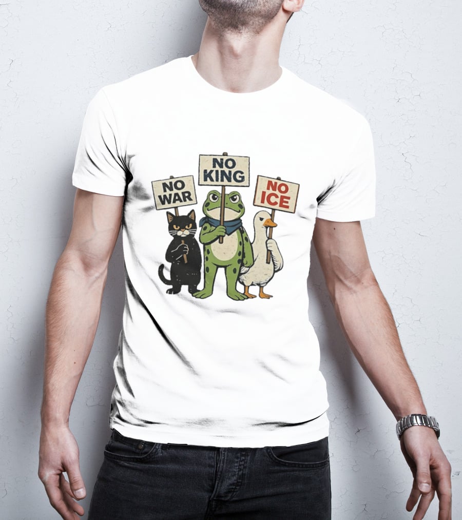 Black Cat Holing No War Frog Holding No King And Goose Holding No ICE Sign T-Shirt