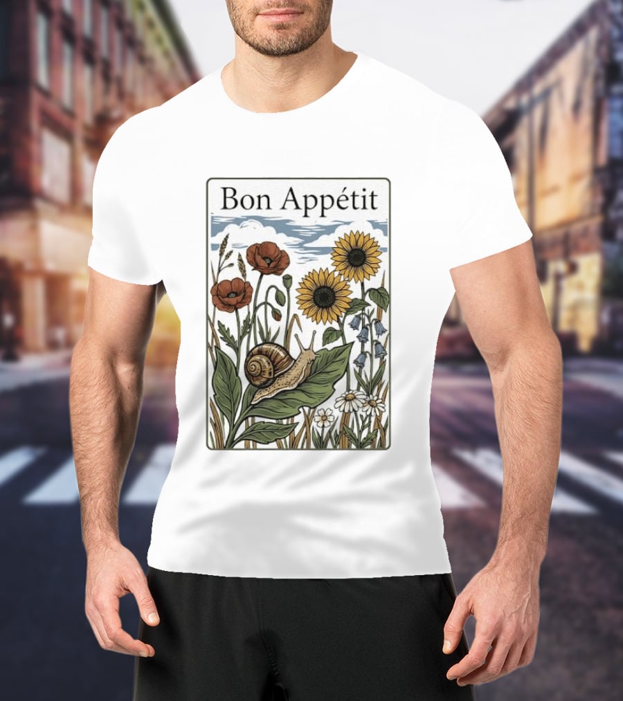 Bon Appétit Floral Snail Sunflowers And Poppies T-Shirt