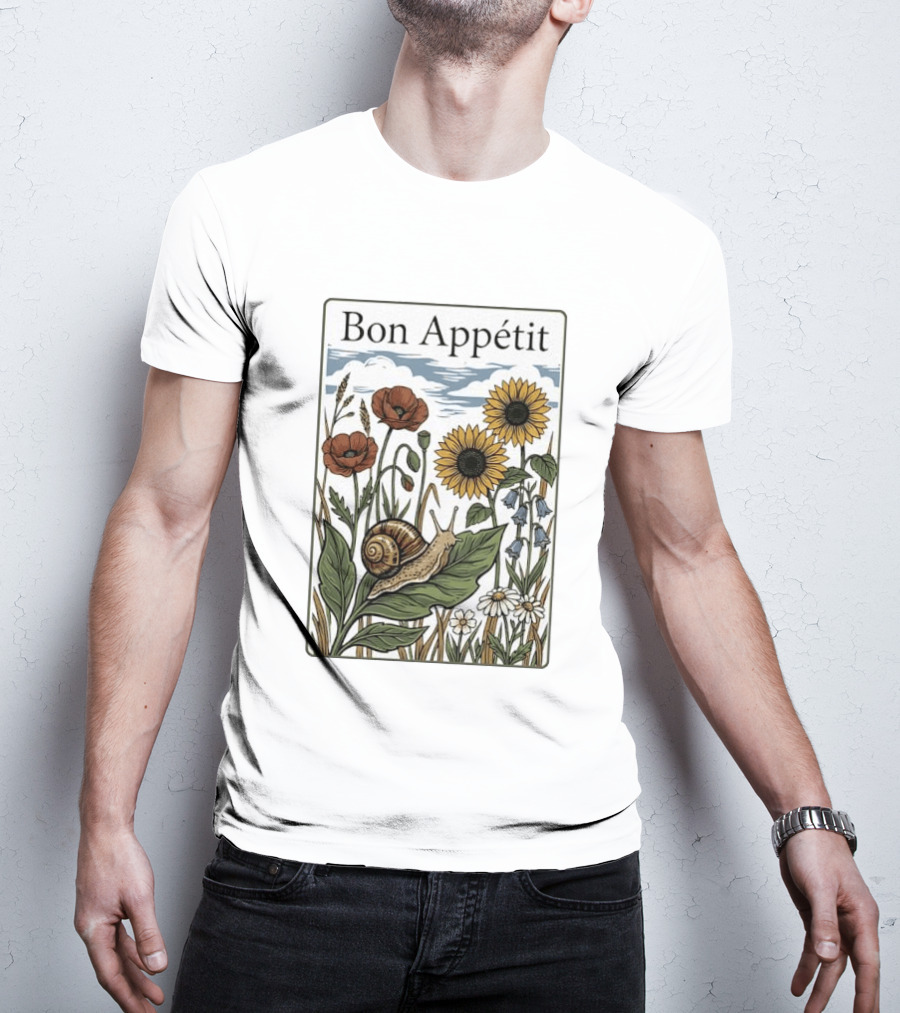 Bon Appétit Floral Snail Sunflowers And Poppies T-Shirt