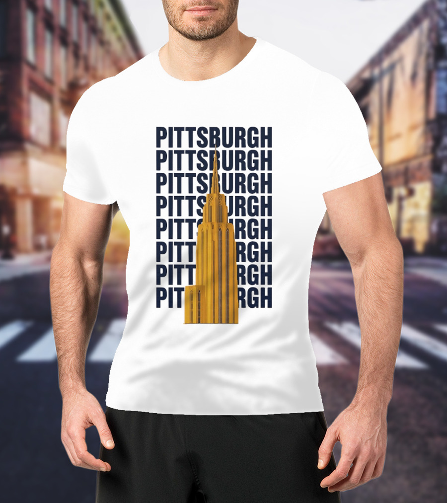 Pittsburgh Golden Tower Repeated Text Cityscape T-Shirt