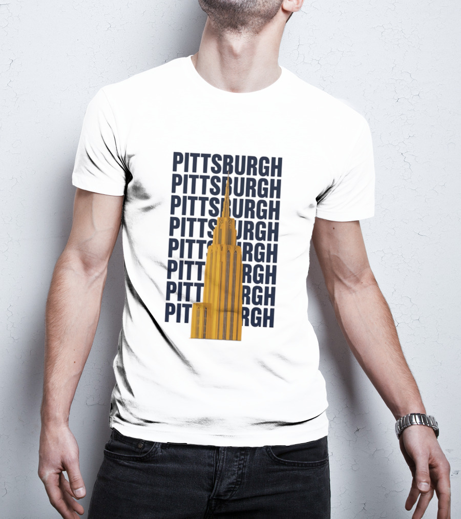 Pittsburgh Golden Tower Repeated Text Cityscape T-Shirt