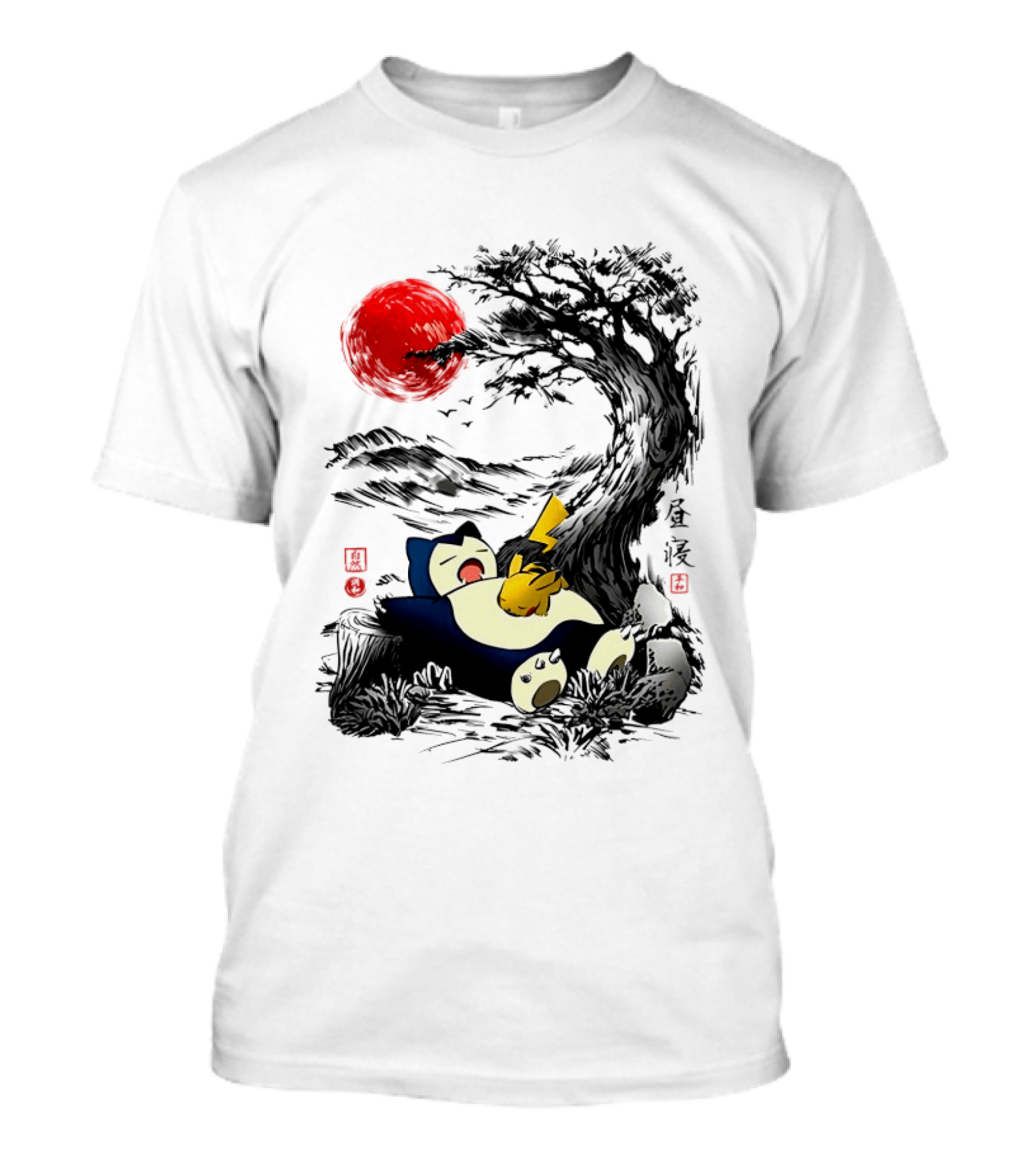 Snorlax Pikachu Napping Under Red Sun Tree T-Shirt