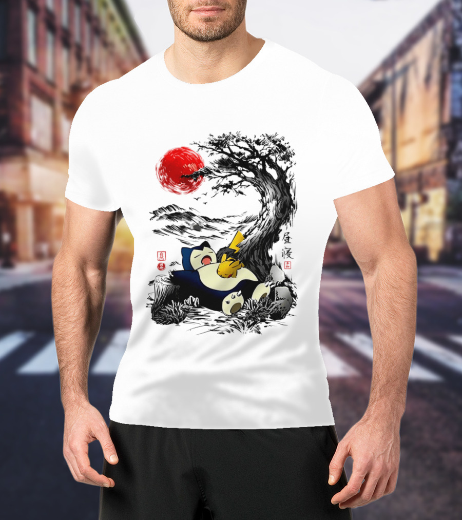 Snorlax Pikachu Napping Under Red Sun Tree T-Shirt
