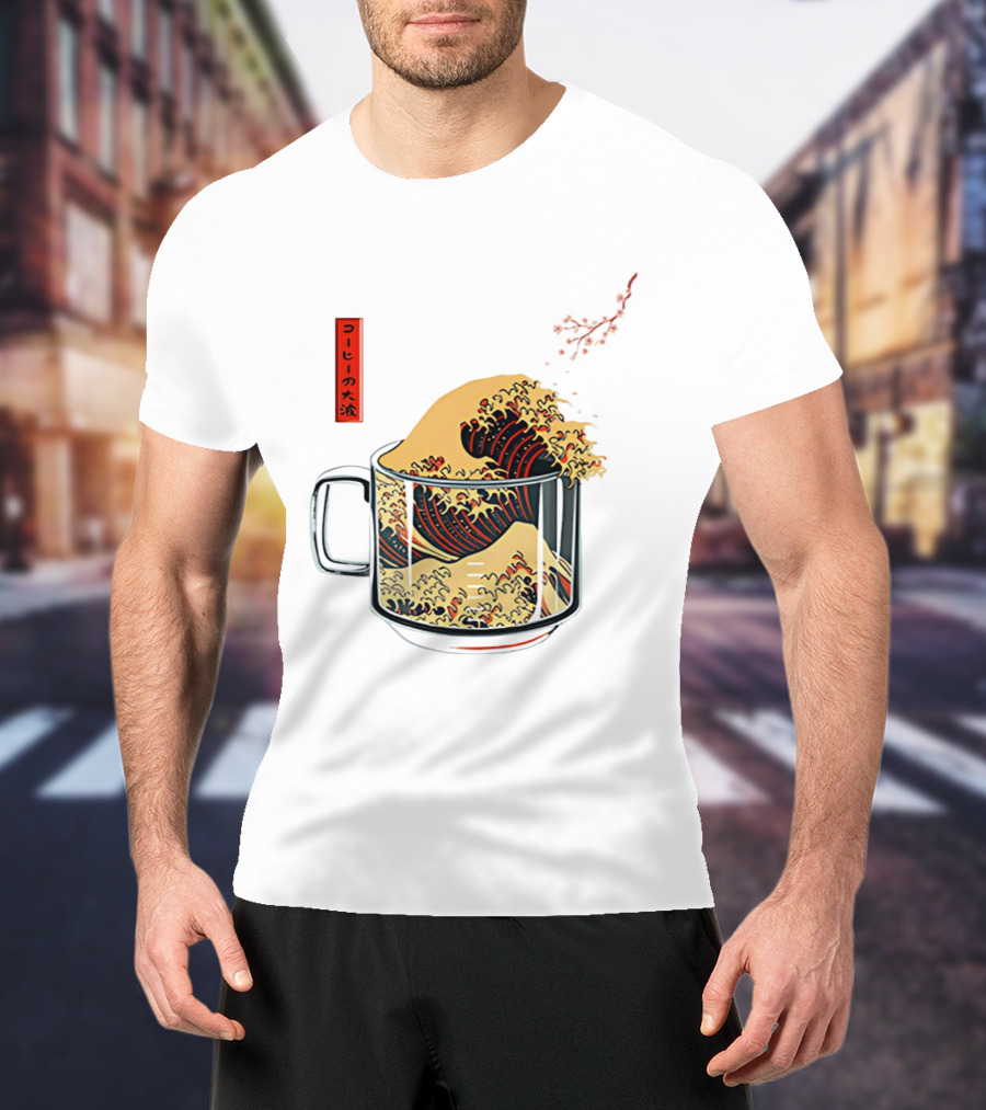 The Great Wave Of Coffee In A Cup With Japanese T-Shirt