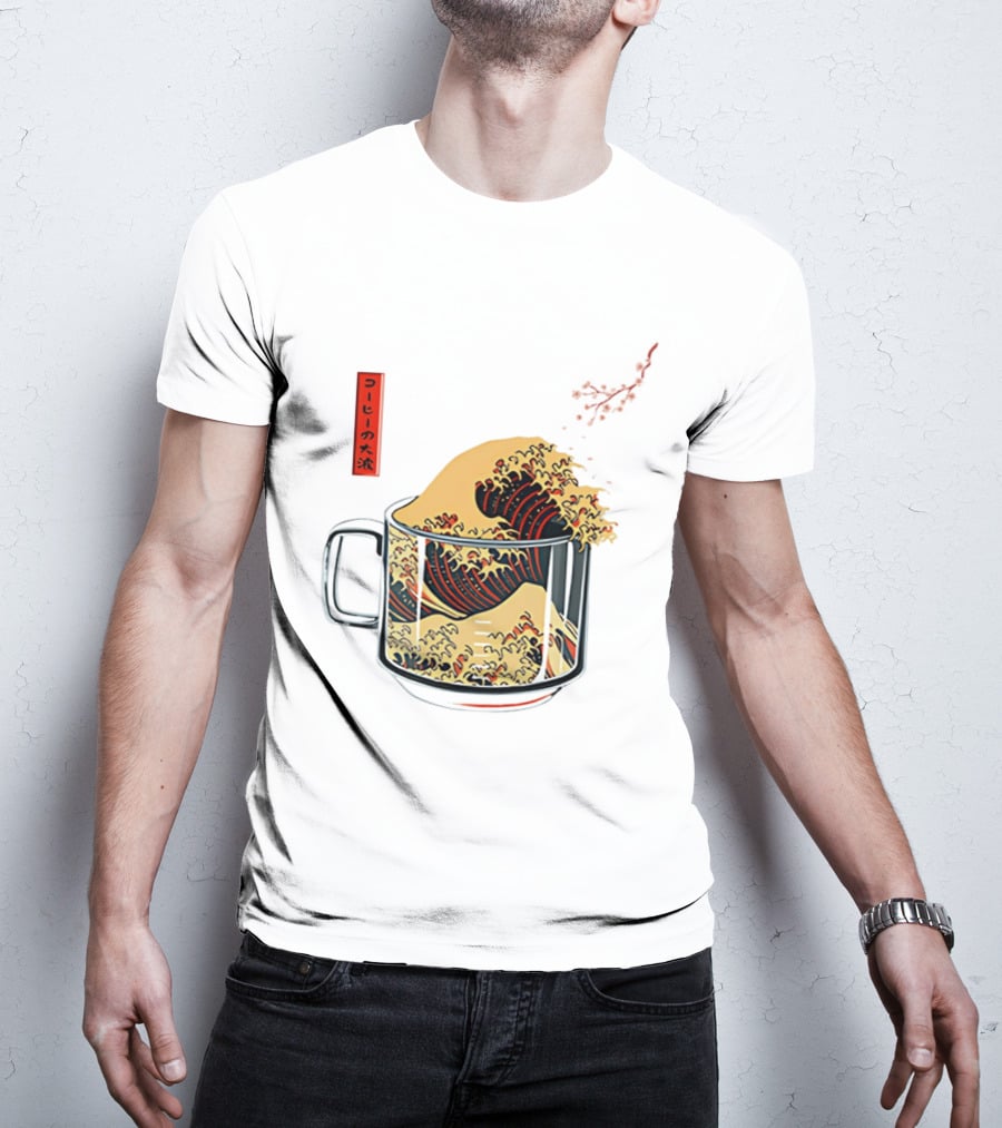 The Great Wave Of Coffee In A Cup With Japanese T-Shirt