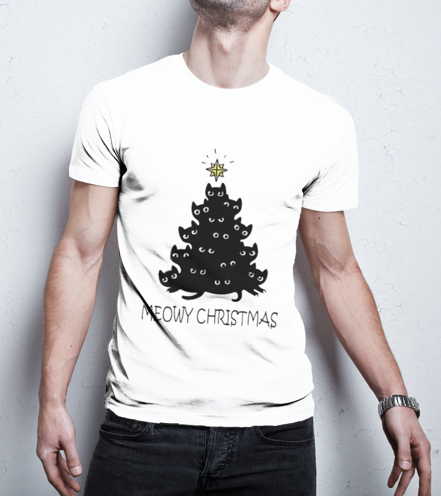 Black Cat Pine Tree Shape Meowy Christmas Star T-Shirt