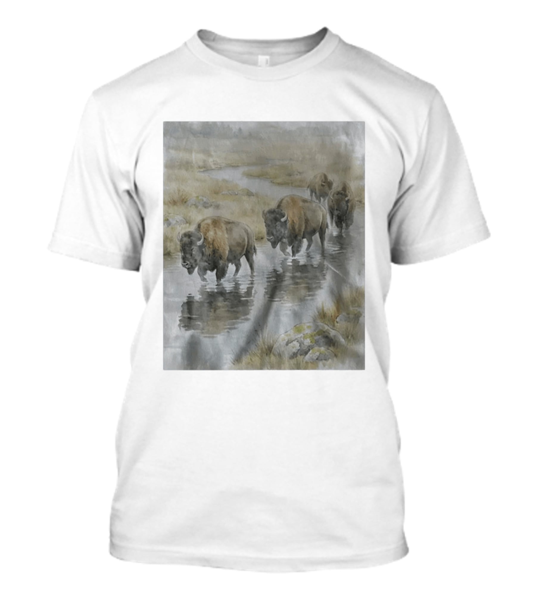 Bison Herd Crossing River On Prairie Landscape Scene T-Shirt