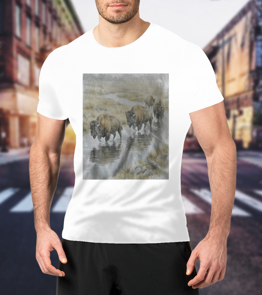 Bison Herd Crossing River On Prairie Landscape Scene T-Shirt
