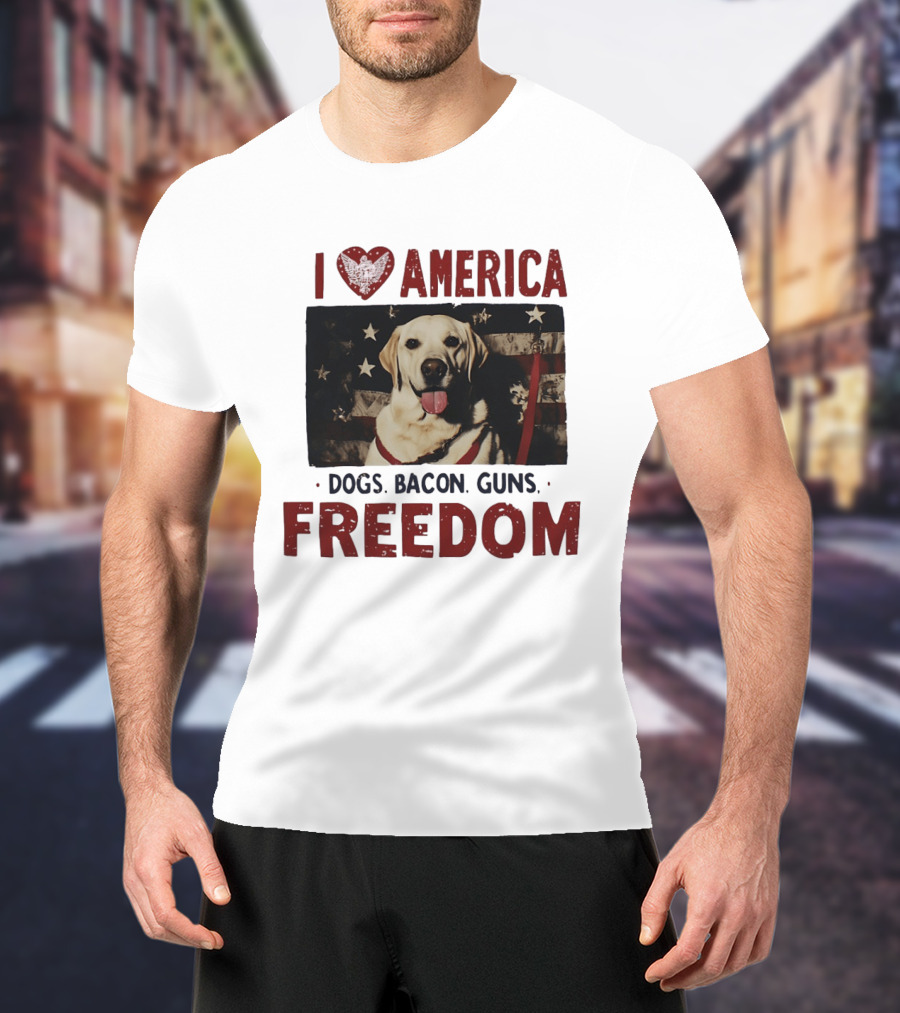 I Love America Dogs Bacon Guns Freedom Labrador Stars And Stripes T-Shirt