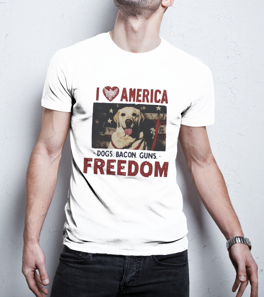 I Love America Dogs Bacon Guns Freedom Labrador Stars And Stripes T-Shirt