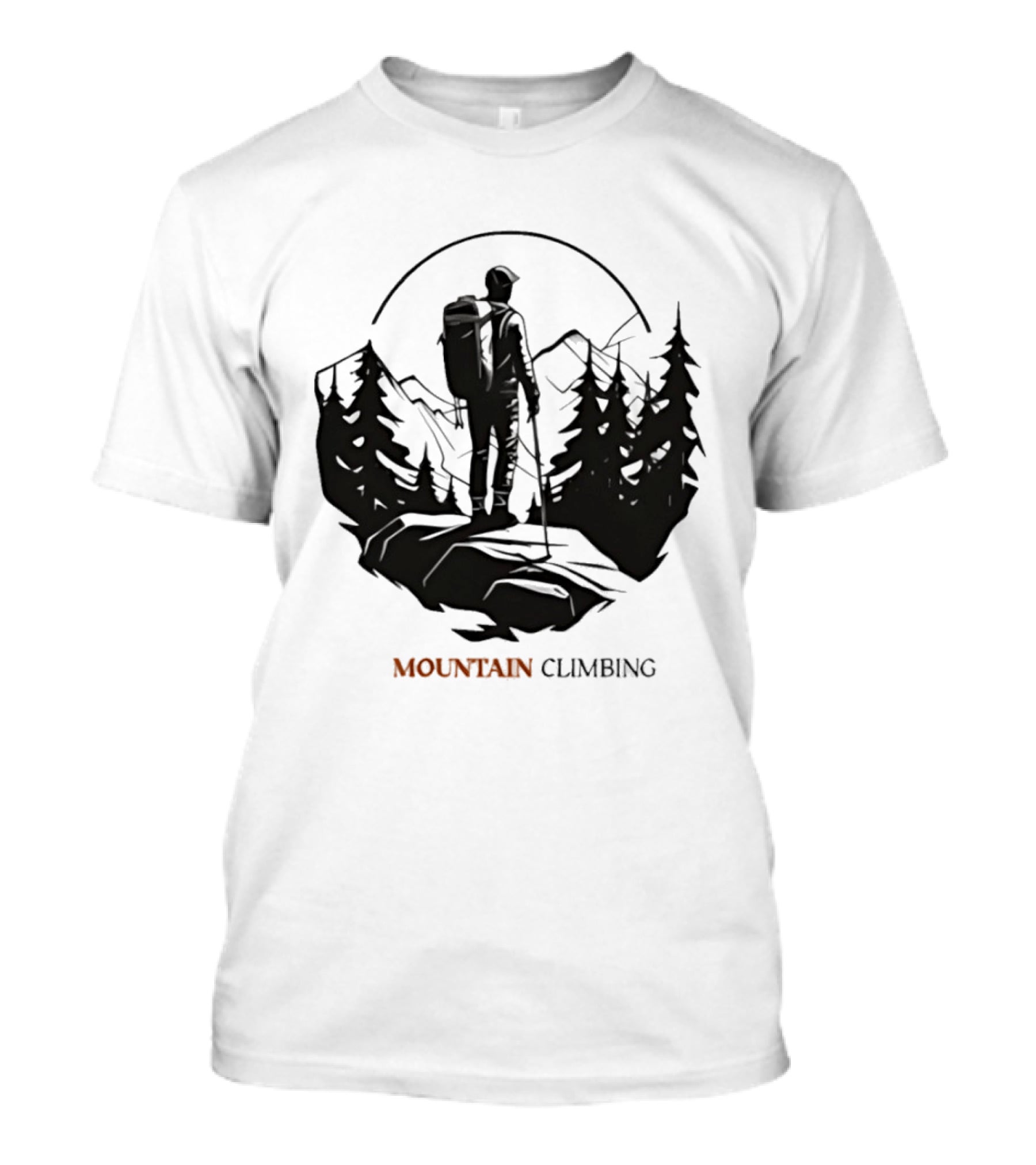 Mountain Climbing Adventure Climber On Cliff Overlooking Mountain And Forest T-Shirt
