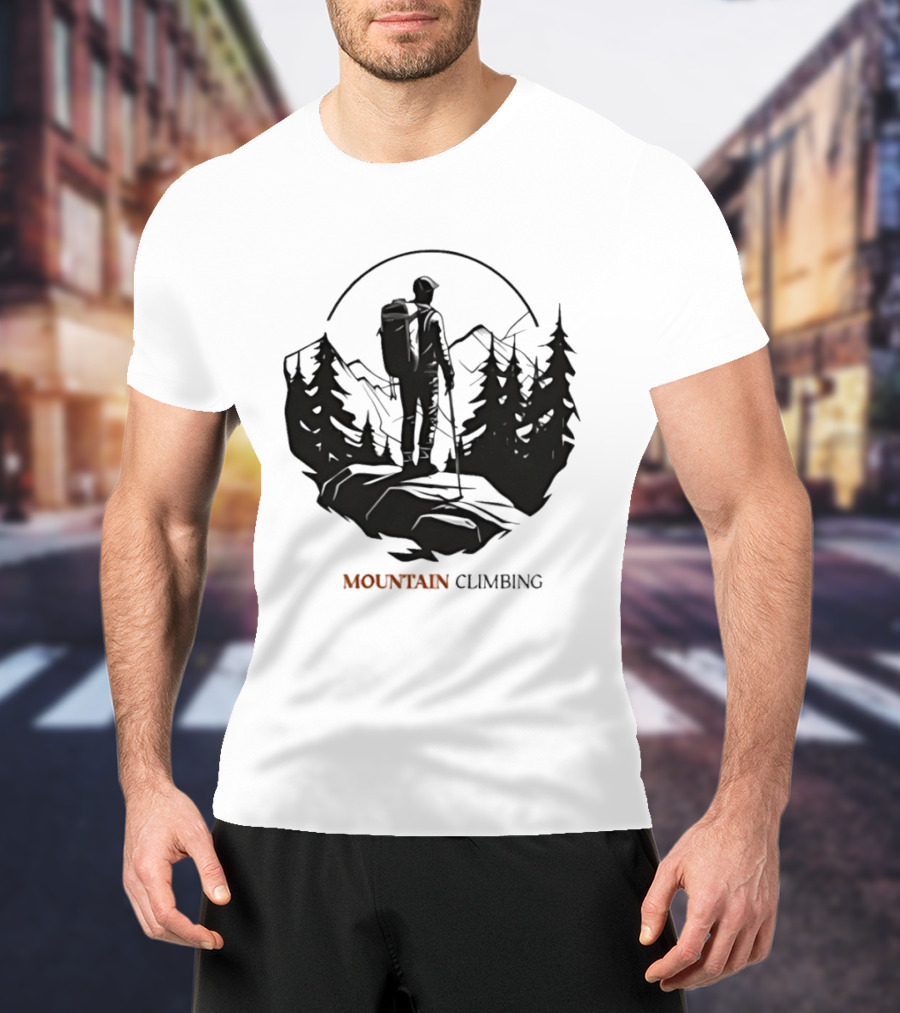 Mountain Climbing Adventure Climber On Cliff Overlooking Mountain And Forest T-Shirt