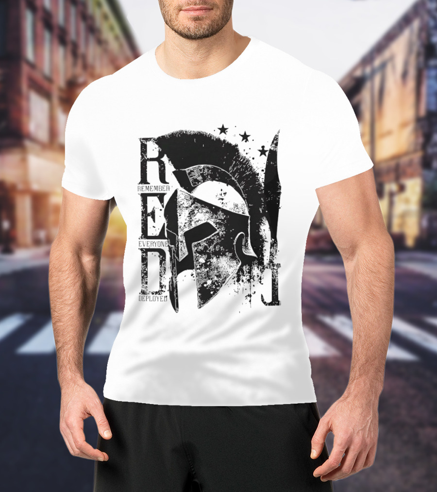 R.E.D. Remember Everyone Deployed Spartan Helmet Stars T-Shirt