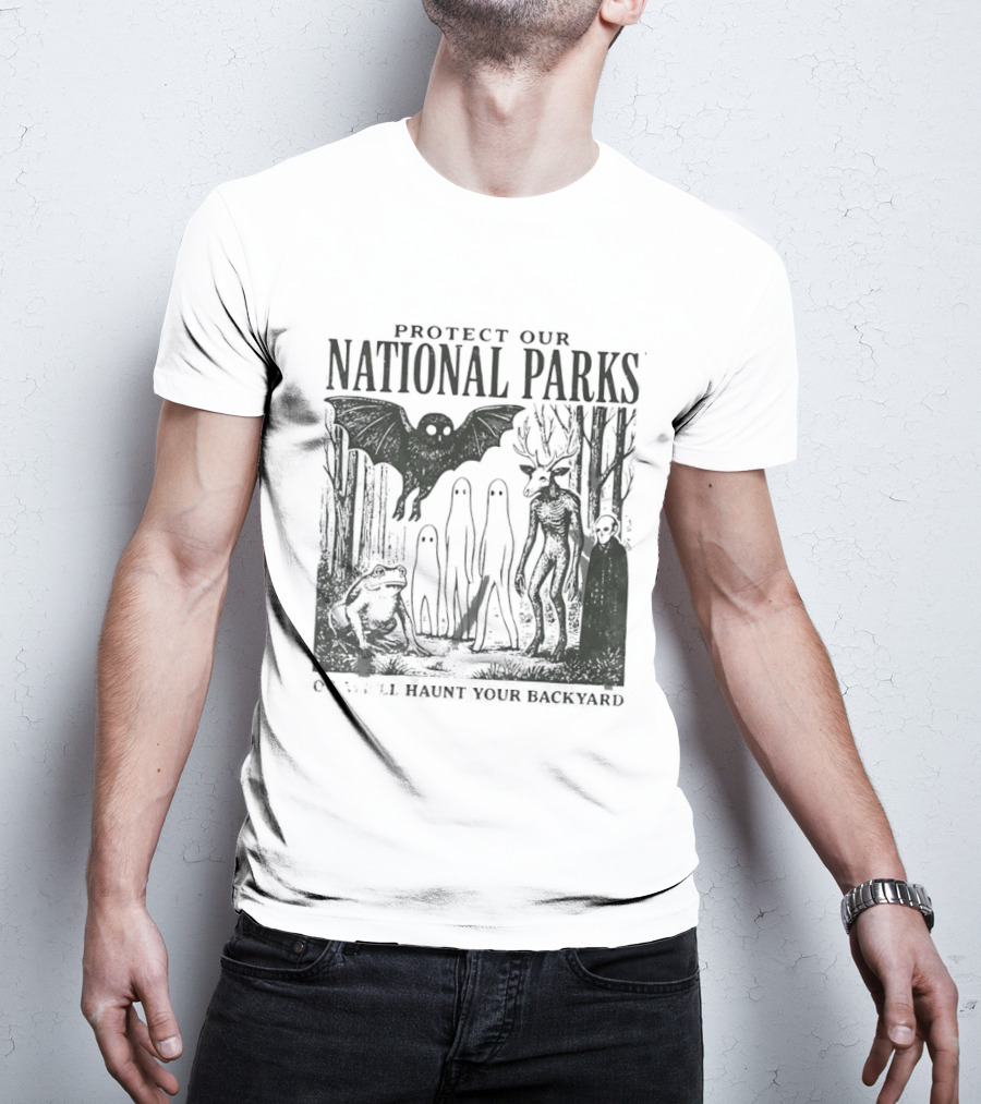 Protect Our National Parks Mothman Bigfoot Ghost Deer Cryptid Horror Characters T-Shirt